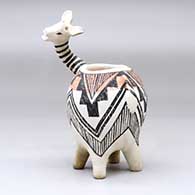 A long-necked animal pot decorated with a kiva step, fineline and geometric design, click or tap to see a larger version