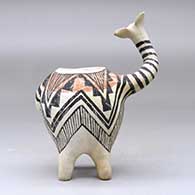 A long-necked animal pot decorated with a kiva step, fineline and geometric design, click or tap to see a larger version