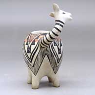 A long-necked animal pot decorated with a kiva step, fineline and geometric design, click or tap to see a larger version