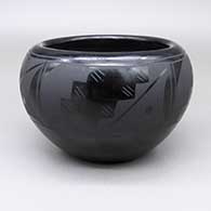 Black-on-black bowl with a four-panel kiva step and geometric design
 by Ursulita Naranjo of Santa Clara