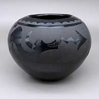 Black-on-black jar with an avanyu, kiva step, and geometric design
 by Cresencia Tafoya of Santa Clara
