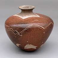 A matte and polished brown jar with a small neck and decorated with a sgraffito running bison and geometric design
 by Dusty Naranjo of Santa Clara