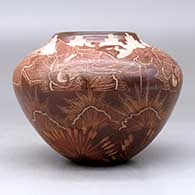 A high-shoulder sienna jar decorated with a sgraffito Canada goose, wildlife, kiva step, nature and geometric design, click or tap to see a larger version