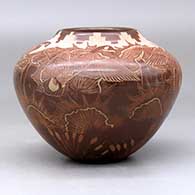 A high-shoulder sienna jar decorated with a sgraffito Canada goose, wildlife, kiva step, nature and geometric design, click or tap to see a larger version