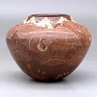 A high-shoulder sienna jar decorated with a sgraffito Canada goose, wildlife, kiva step, nature and geometric design, click or tap to see a larger version