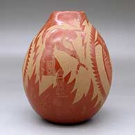 A red jar decorated with a sgraffito design incorporating several Mimbres figures, warriors and geometric designs, click or tap to see a larger version