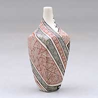 A miniature polychrome square jar decorated with a serpent, fineline and geometric design, click or tap to see a larger version