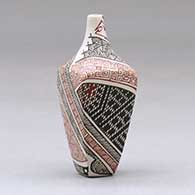 A miniature polychrome square jar decorated with a serpent, fineline and geometric design, click or tap to see a larger version