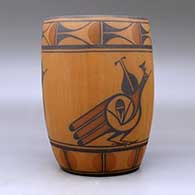 A polychrome cylinder decorated with a three-panel roadrunner, rain bird and geometric design, click or tap to see a larger version