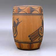 A polychrome cylinder decorated with a three-panel roadrunner, rain bird and geometric design, click or tap to see a larger version