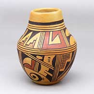 A small polychrome jar decorated with a six-panel bird element and geometric design with fire clouds
 by Ethel Youvella of Hopi