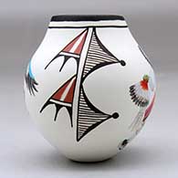 A polychrome jar decorated with an eagle dancer, deer dancer and geometric design around the body, click or tap to see a larger version