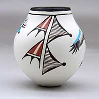 A polychrome jar decorated with an eagle dancer, deer dancer and geometric design around the body, click or tap to see a larger version