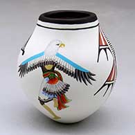 A polychrome jar decorated with an eagle dancer, deer dancer and geometric design around the body
 by Marcellus Medina of Zia