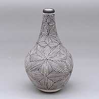 A tall-neck black-on-white vase decorated with a snowflake fine line geometric design
 by Marie Z Chino of Acoma