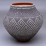 A polychrome jar decorated with a black-on-white geometric design
 by Frederica Antonio of Acoma