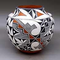 A polychrome jar decorated with a three-panel fine line, kiva step and geometric design
 by Rachel Aragon of Acoma