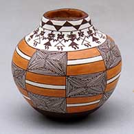 A miniature polychrome jar decorated with a band of pueblo dancers around the neck and a stylized checkerboard fineline and geometric design around the body
 by Delores Aragon Juanico of Acoma