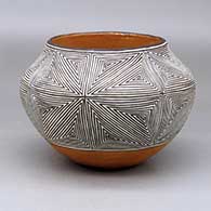 A polychrome jar decorated with a snowflake fineline geometric design around the body
 by Delores Sanchez of Acoma