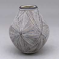 A black on white jar decorated with a three-panel fineline snowflake and geometric design
 by Marie Z Chino of Acoma