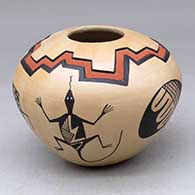 A polychrome seed pot decorated with a geometric design and a series of Mimbres creatures
 by Lawrence Namoki of Hopi