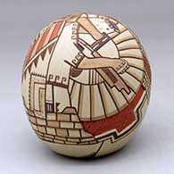A polychrome seed pot decorated with a lightly-carved, sgraffito-and-painted katsina, dancer, pueblo wall, bird elements, ears of corn and rock art geometric design, click or tap to see a larger version