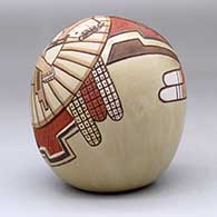 A polychrome seed pot decorated with a lightly-carved, sgraffito-and-painted katsina, dancer, pueblo wall, bird elements, ears of corn and rock art geometric design, click or tap to see a larger version
