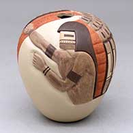 A polychrome seed pot decorated with a carved and painted katsina, sunface, ear of corn and geometric design
 by Wallace Youvella of Hopi