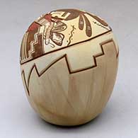 A polychrome seed pot lightly-carved and painted with a Butterfly Maiden and geometric design, click or tap to see a larger version