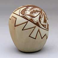 A polychrome seed pot lightly-carved and painted with a Butterfly Maiden and geometric design, click or tap to see a larger version