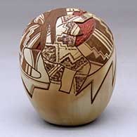 A polychrome seed pot lightly-carved and painted with a Butterfly Maiden and geometric design, click or tap to see a larger version