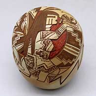 A polychrome seed pot lightly-carved and painted with a Butterfly Maiden and geometric design
 by Lawrence Namoki of Hopi