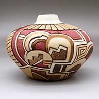 A polychrome jar carved and painted with a corn maiden, corn plant, feather and geometric design, click or tap to see a larger version