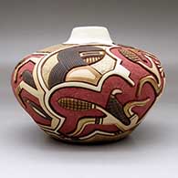 A polychrome jar carved and painted with a corn maiden, corn plant, feather and geometric design, click or tap to see a larger version