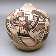 Click for a larger view A large polychrome seed pot decorated with a carved, sgraffito and painted Pueblo dancer, costume, feather and geometric design
 by Thomas Polacca of Hopi