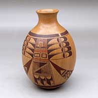 A polychrome jar with a short neck and flared rim, decorated around the body with a two-panel bird element and geometric design
 by Gloria Mahle of Hopi