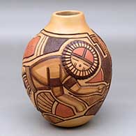 A polychrome jar decorated with a lightly carved and painted sun dancer, cactus and geometric design
 by Thomas Polacca of Hopi
