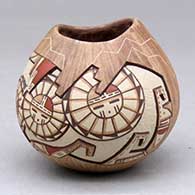 A small polychrome jar with an organic opening and decorated with a lightly carved, sgraffito and painted sunface rising above mesas into clouds, and geometric design
 by Loren Hamilton Nampeyo of Hopi