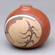 A polychrome seed pot decorated on one side with a corn stalk, rainbow and geometric design
 by Laura Gachupin of Jemez