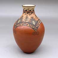 Click for a larger view A polychrome vase decorated above the shoulder with a four panel corn stalk and geometric design
by Betty Jean Fragua of Jemez
