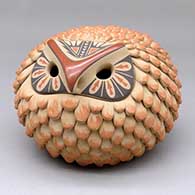 A lidded polychrome owl effigy jar decorated with a geometric design
 by Laura Gachupin of Jemez