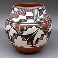 A polychrome jar decorated with a three-panel cloud formation, kiva step and geometric design
 by Gladys Paquin of Laguna