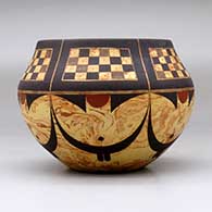A polychrome mixed clay bowl decorated around the body with a six-panel checkerboard and geometric design, click or tap to see a larger version