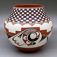 A polychrome jar decorated with a four panel rainbird, spiral, kiva step, checkerboard and geometric design
 by Gladys Paquin of Laguna