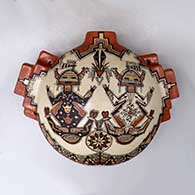 A polychrome flat back canteen decorated on the front with a Mother Earth Father Sun and geometric design
 by Lucy McKelvey of Dineh