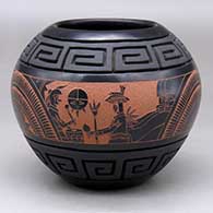 A black on black jar decorated with a sgraffito and lightly carved scroll, pueblo dancer, feather and geometric design
 by Tom Tapia and Sue Tapia of Ohkay Owingeh and Laguna