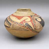 A Ramos polychrome jar with a band of corrugation around the neck and a painted two-panel serpent and geometric design around the body
 by Reynalda Quezada of Mata Ortiz and Casas Grandes