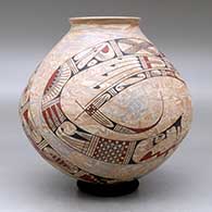 A polychrome mixed clay jar decorated with a two panel serpent, sickle and geometric design, click or tap to see a larger version