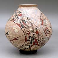 A polychrome mixed clay jar decorated with a two panel serpent, sickle and geometric design, click or tap to see a larger version