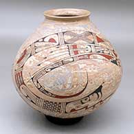 A polychrome mixed clay jar decorated with a two panel serpent, sickle and geometric design
 by Javier Perez of Mata Ortiz and Casas Grandes